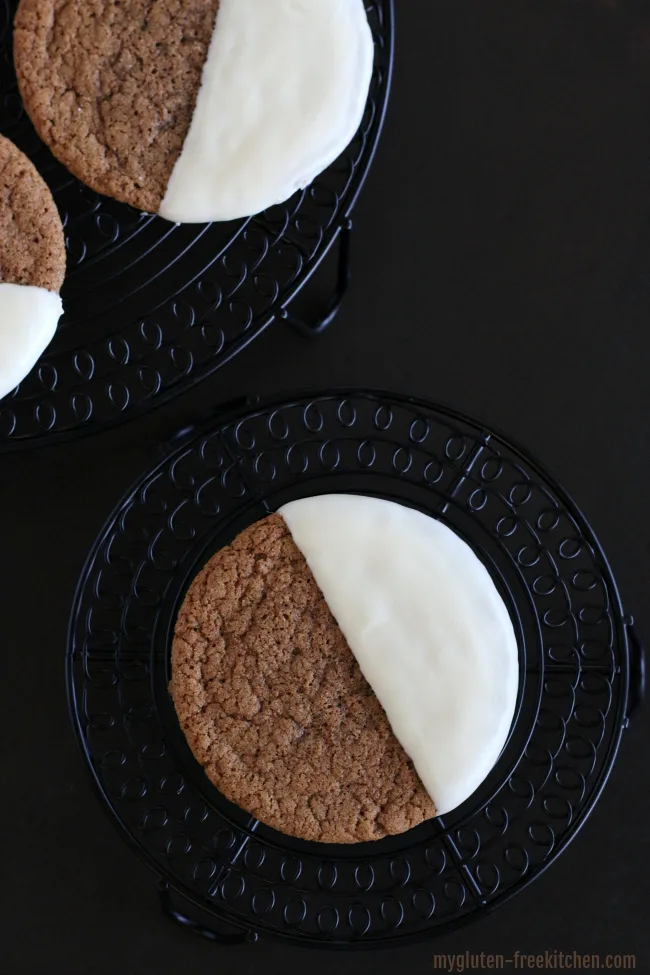 Gluten-free White Chocolate Dipped Gingersnaps | My Gluten-free Kitchen Gluten-free White Chocolate Dipped Gingersnaps on cooling rack
