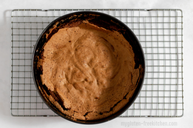 Baked Flourless Chocolate Cake in springform pan on cooling rack