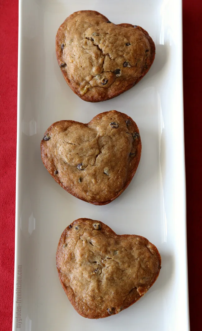 Heart-shaped gluten-free banana chocolate chip muffins Fun gluten-free Valentine's treat!