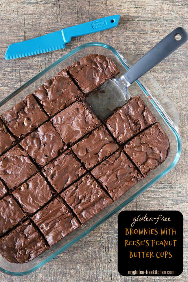 pan of gluten-free brownies cut into squares with plastic knife showing
