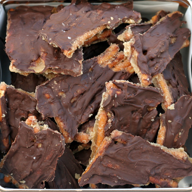 tin full of gluten-free pretzel bark