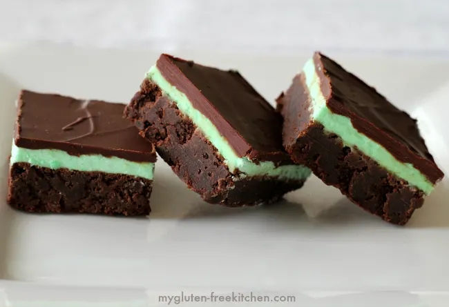 Gluten-free Mint Layered Brownies. Copycat recipe for brownies I fell in love with at a now-closed bakery. Delicious!