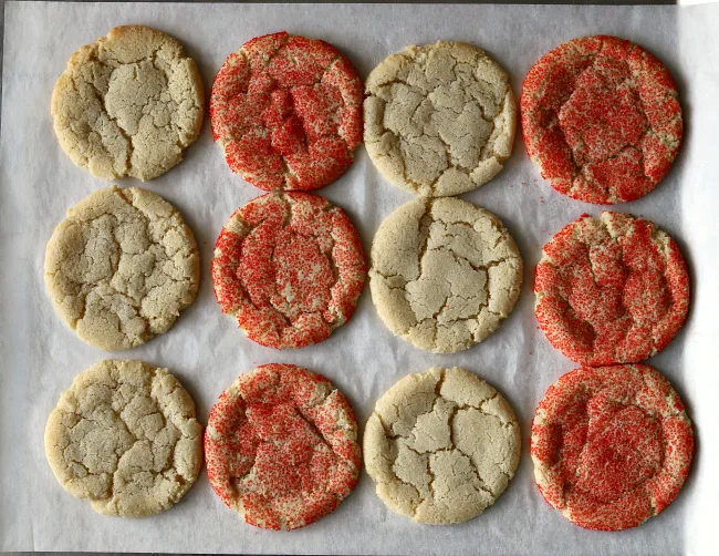 Gluten-free Sugar Cookies on baking sheet just out of oven