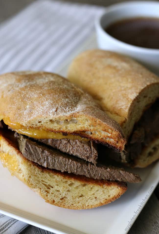 Gluten-free French Dip Sandwiches made in the slow cooker. #glutenfreerecipe #crockpot