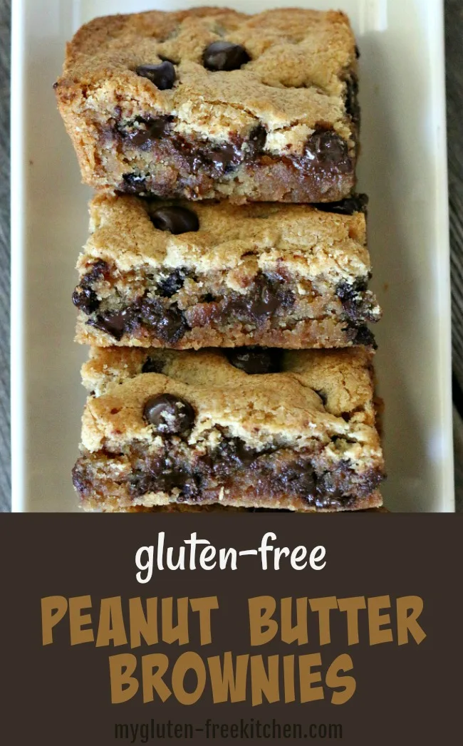 Stack of gluten-free peanut butter brownies on platter