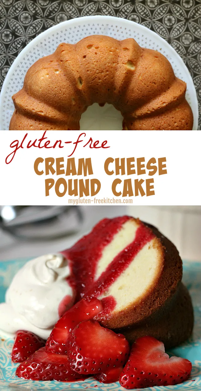 Gluten-free Cream Cheese Pound Cake Recipe in bundt pan. We love this #glutenfree pound cake served with fresh berries and whipped cream!