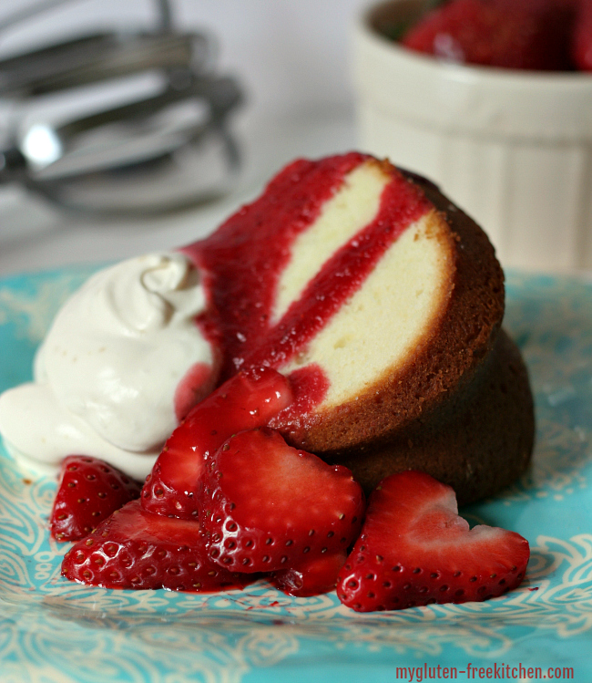 Gluten-free Pound Cake with strawberries and berry sauce
