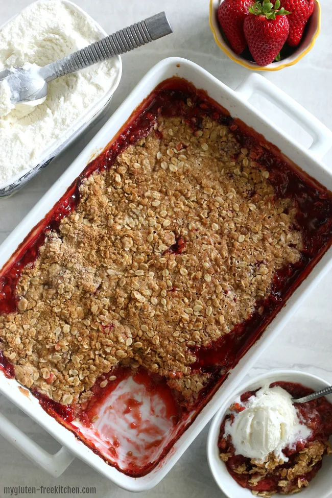 Pan of Gluten Free Strawberry Rhubarb Crisp Dessert