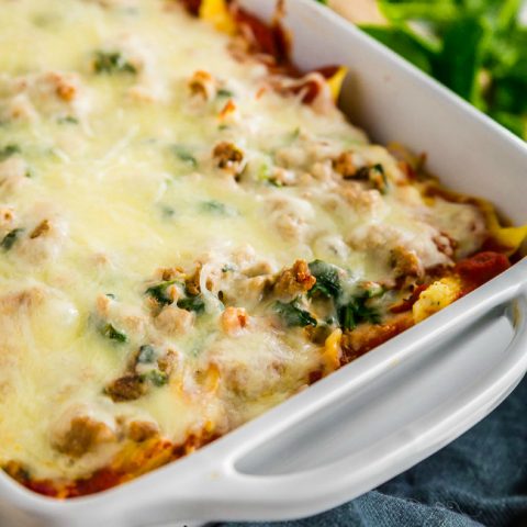 pan of Gluten-free Cheesy Baked Ziti