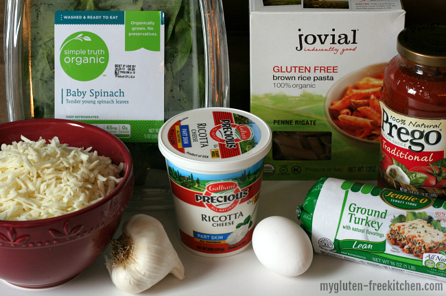 Ingredients for gluten-free baked ziti