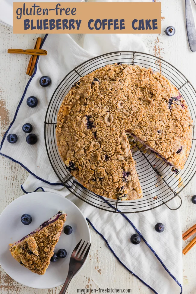Gluten-free Blueberry Coffee Cake with a slice set on a plate