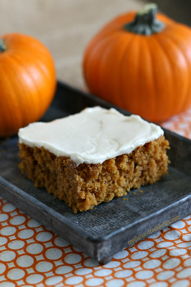 Gluten-free Pumpkin Bar Recipe. These spiced, cake-like bars are a perfect fall treat.