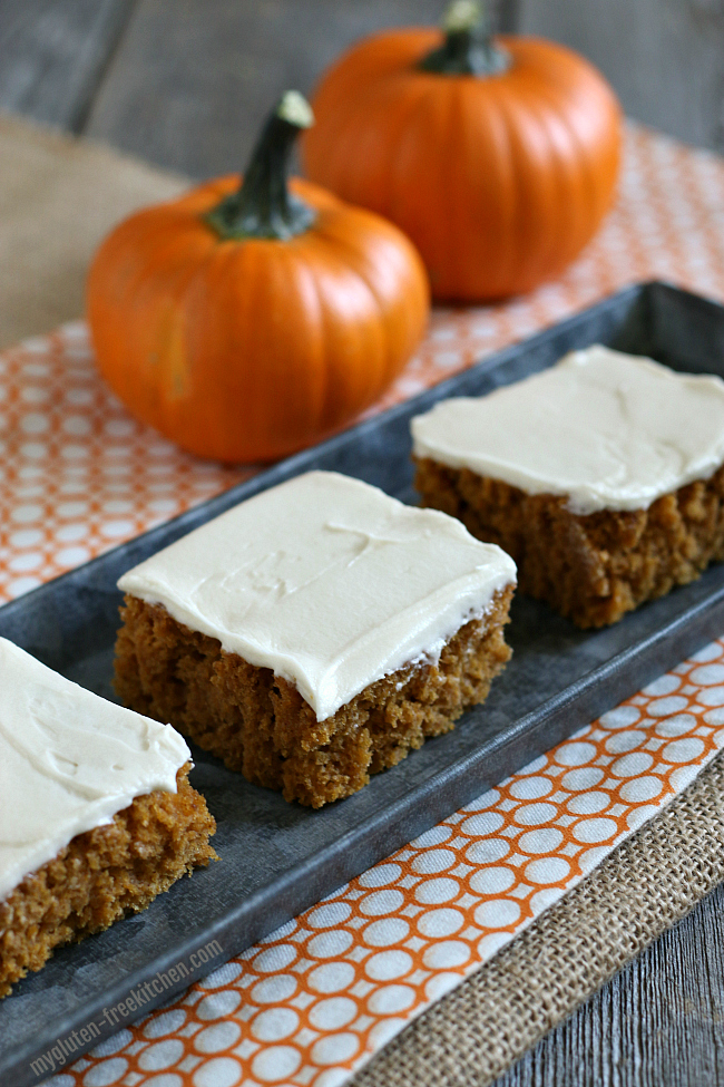 Gluten-free Pumpkin Bars with Cream Cheese Frosting. These cake-like bars are a favorite fall treat. No fork needed!