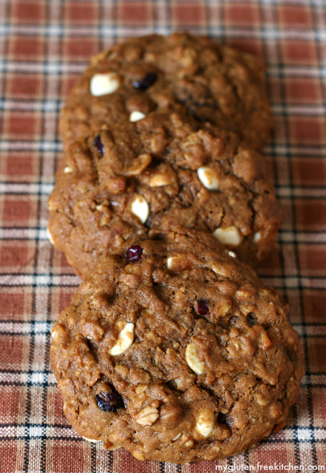 Gluten-free Pumpkin Oatmeal Cranberry White Chocolate Chip Cookies Recipe. These get more flavorful as the days go on even!