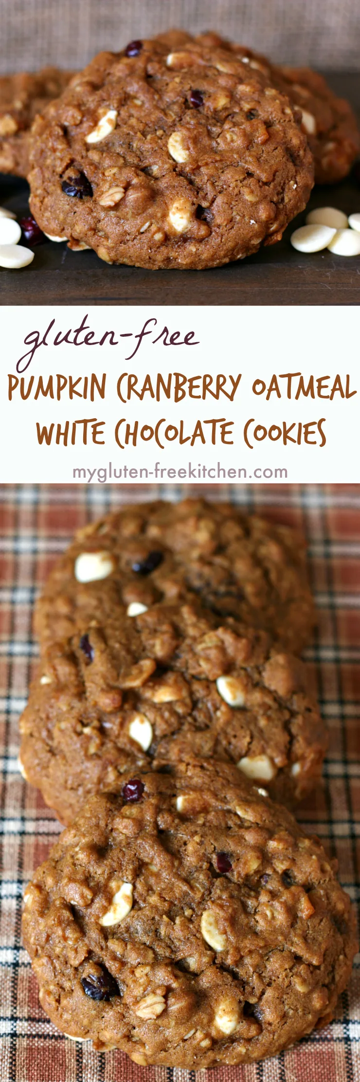 Gluten-free Pumpkin Cranberry Oatmeal White Chocolate Chip Cookies stack