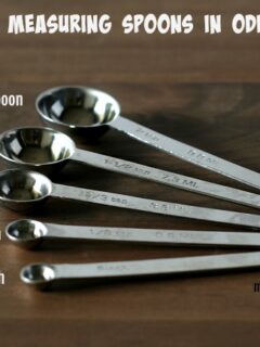 5 measuring spoons in sizes not usually found in sets, including a 2 teaspoon and a 15 teaspoon.