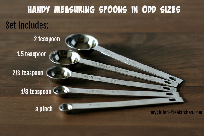 5 measuring spoons in sizes not usually found in sets, including a 2 teaspoon and a 15 teaspoon. 