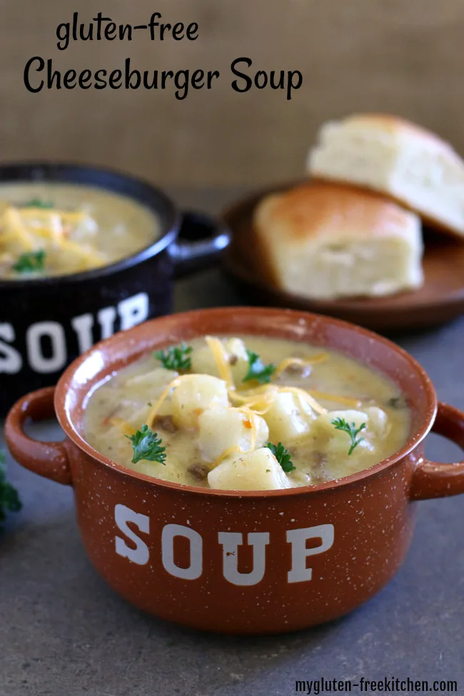 2 bowls of gluten-free cheeseburger soup.