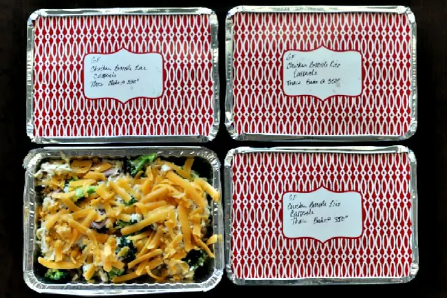 Gluten-free Chicken Rice Casserole in containers for freezing