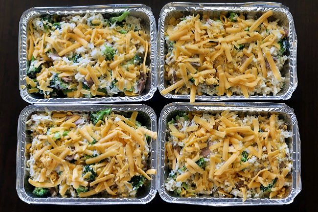 Making gluten-free chicken broccoli rice casserole in pans