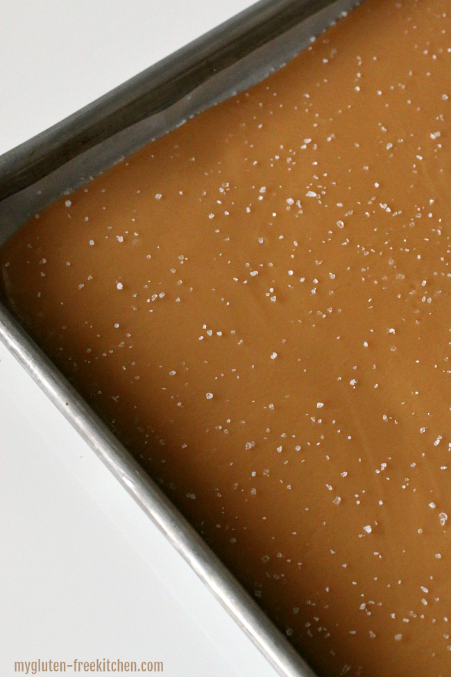 Baking sheet of homemade salted caramels with sea salt