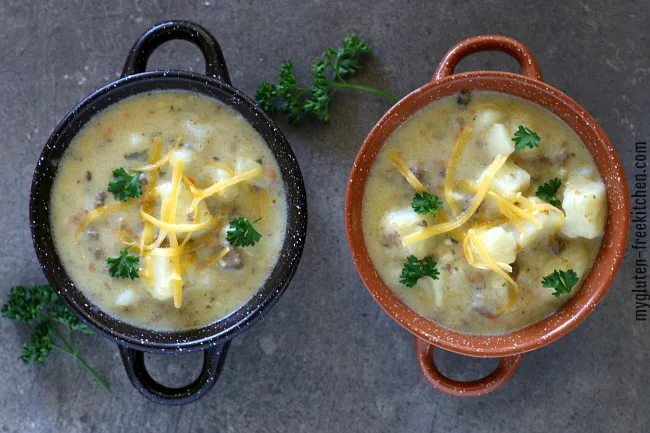 Two bowls of gluten free cheeseburger soup