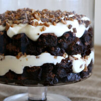 Gluten-free Brownie Pudding Toffee Trifle. Perfect dessert for a crowd of chocolate lovers!