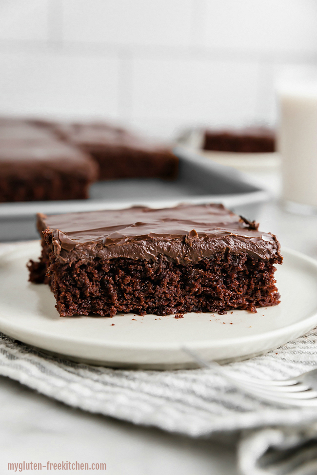 Slice of gluten-free chocolate cake on plate