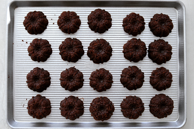 pan full of baked mini gluten-free chocolate bundt cakes