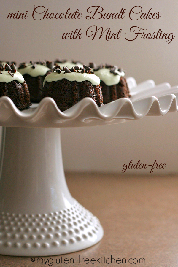 Gluten-free mini Chocolate Bundt Cakes with Mint Frosting - Enjoyable any time of year, but especially festive at St. Patrick's Day and Christmas!