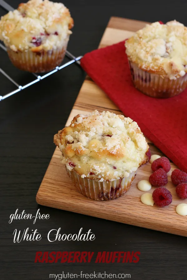 Gluten-free White Chocolate Raspberry Muffins with Almond Streusel Topping- a yummy mid-morning treat!