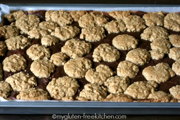 Pan of Gluten-free Peanut Butter Oatmeal Fudge Revel Bars - Perfect for potlucks and parties!