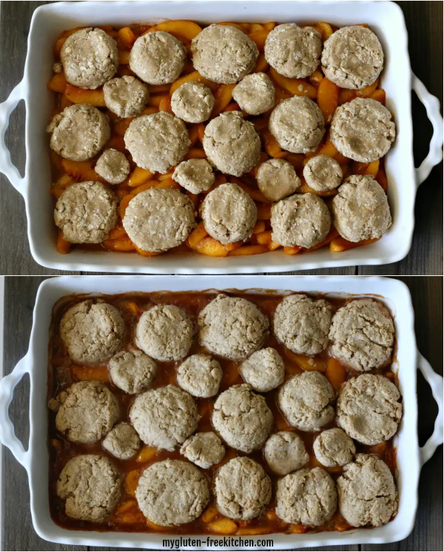 Before and after baking gluten-free peach oatmeal crisp