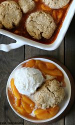 Gluten-free Peach Oatmeal Cookie Crisp. Better than usual fruit crisp because this one is topped with gluten-free oatmeal cookies!