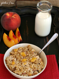 Gluten-free Peaches and Cream Baked Oatmeal - High in fiber from the steel cut oats and flaxseed.