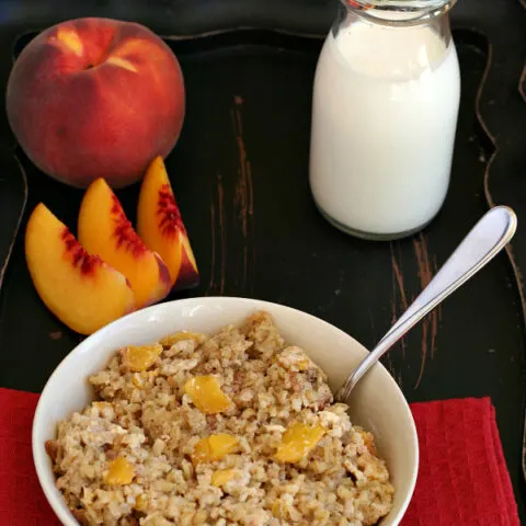 Gluten-free Peaches and Cream Baked Oatmeal - High in fiber from the steel cut oats and flaxseed.