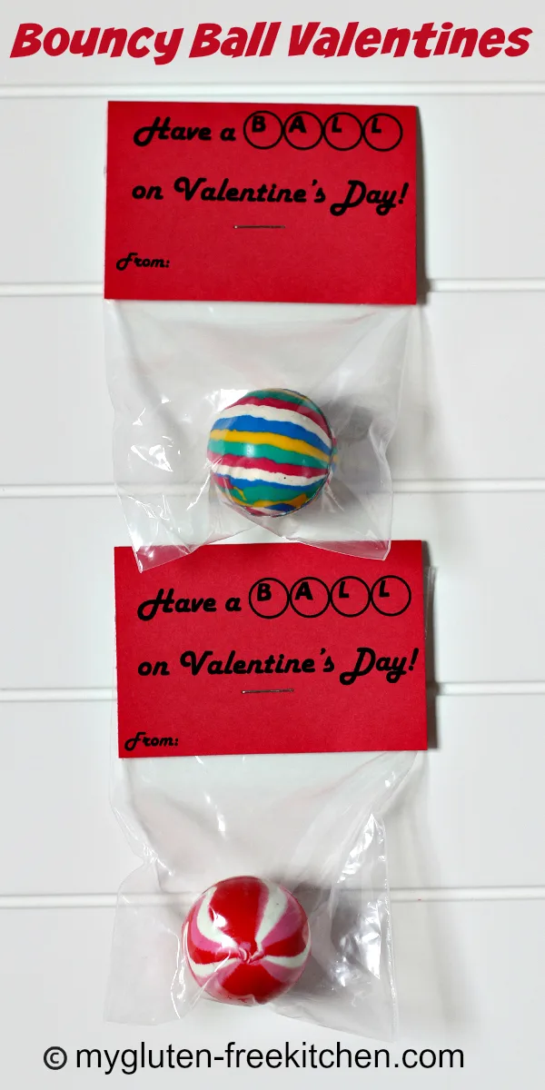 Bouncy Ball Valentines - a ball in a clear bag with a red paper tag that says Have a BALL on Valentine's Day