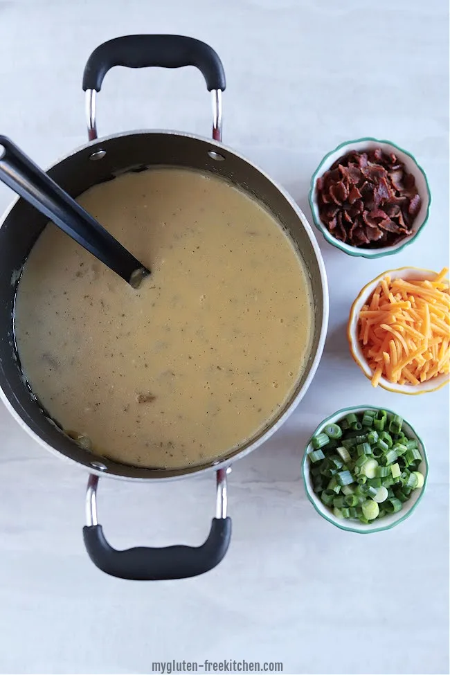 Gluten-free Baked Potato Soup with toppings