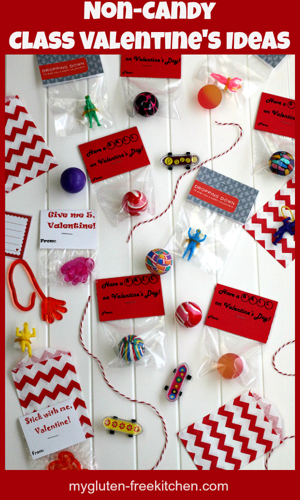 photo shows various Non-Candy Class Valentine's Ideas such as balls, sticky hands, and cards with words