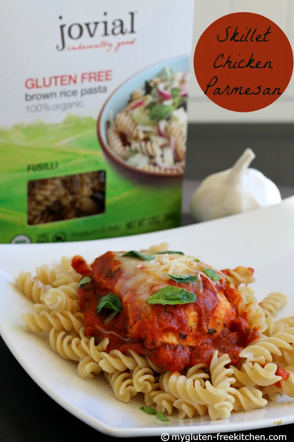 Skillet Chicken Parmesan - Quick weeknight dinner made gluten-free! Highly recommend using Jovial Pasta - it doesn't get mushy!