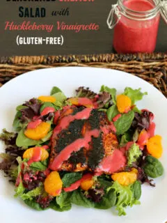 Blackened Salmon Salad with Huckleberry Vinaigrette (Gluten-free) Healthy, easy to make and on the table in 45 minutes! Can use store-bought dressing to make it easier too.