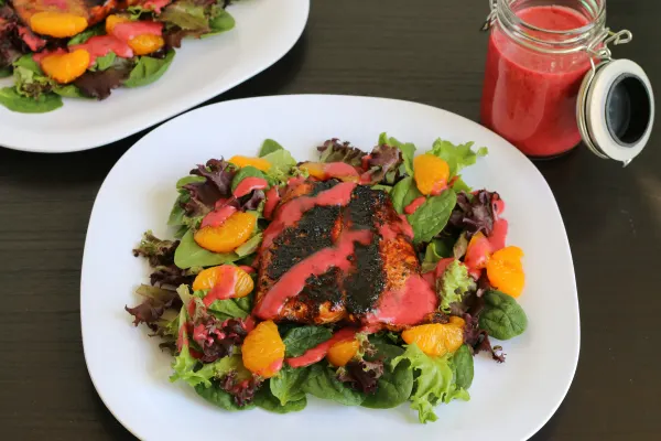 Gluten-free Blackened Salmon Salad with Huckleberry Vinaigrette