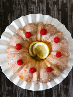 Gluten-free Lemon Cake on white cake stand