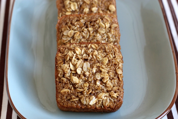 Gluten-free oatmeal squares in bowl of milk