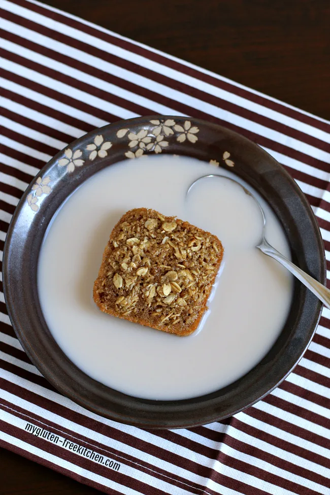 Gluten-free oatmeal squares in bowl of milk