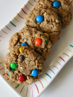 Gluten-free Monster Cookies Recipe. This is an easy flourless cookie recipe with M&Ms, peanut butter and gluten-free oats.