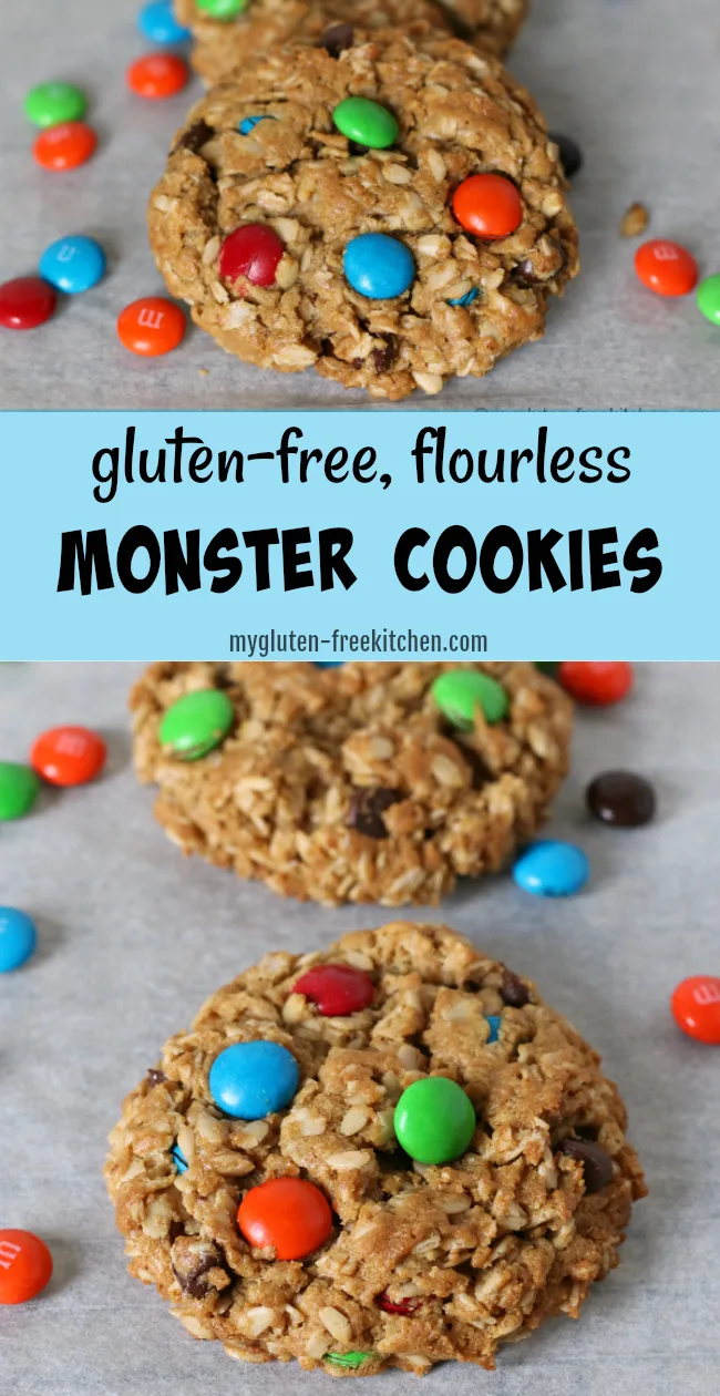 Gluten-free Monster Cookies Recipe. Easy flourless cookie that's so yummy! You can even switch up the colors of M&Ms for holidays or parties!