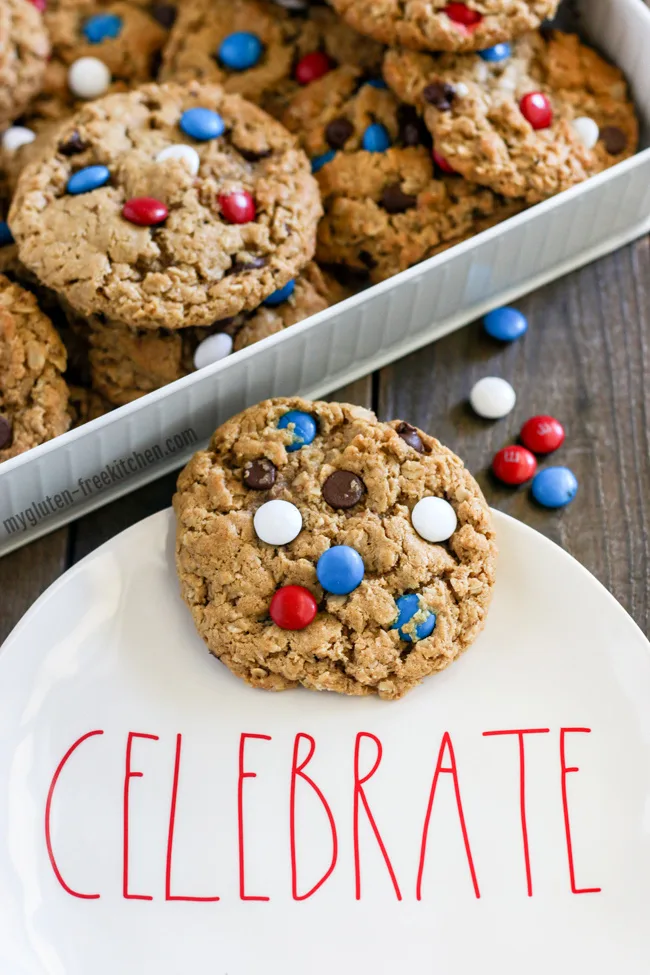 Gluten Free Oatmeal M&M Cookie Bars - Laura's Gluten Free Kitchen