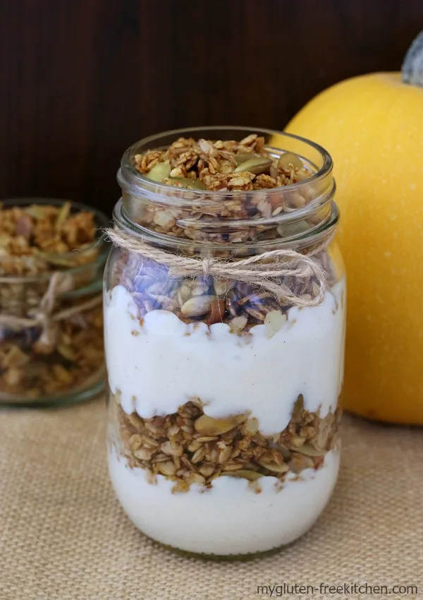 Pumpkin Spice Granola Parfaits (gluten-free, dairy-free) Hearty breakfast or snack idea. Easy to make ahead and take to-go in the morning!