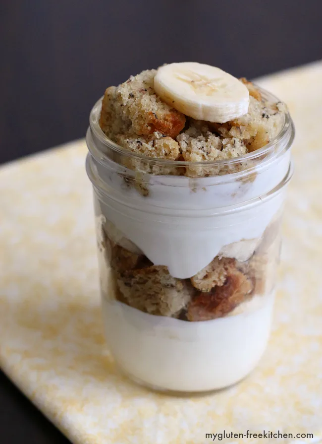 Gluten-free Banana Bread Parfait - Easy recipe for breakfast at home or on the go!